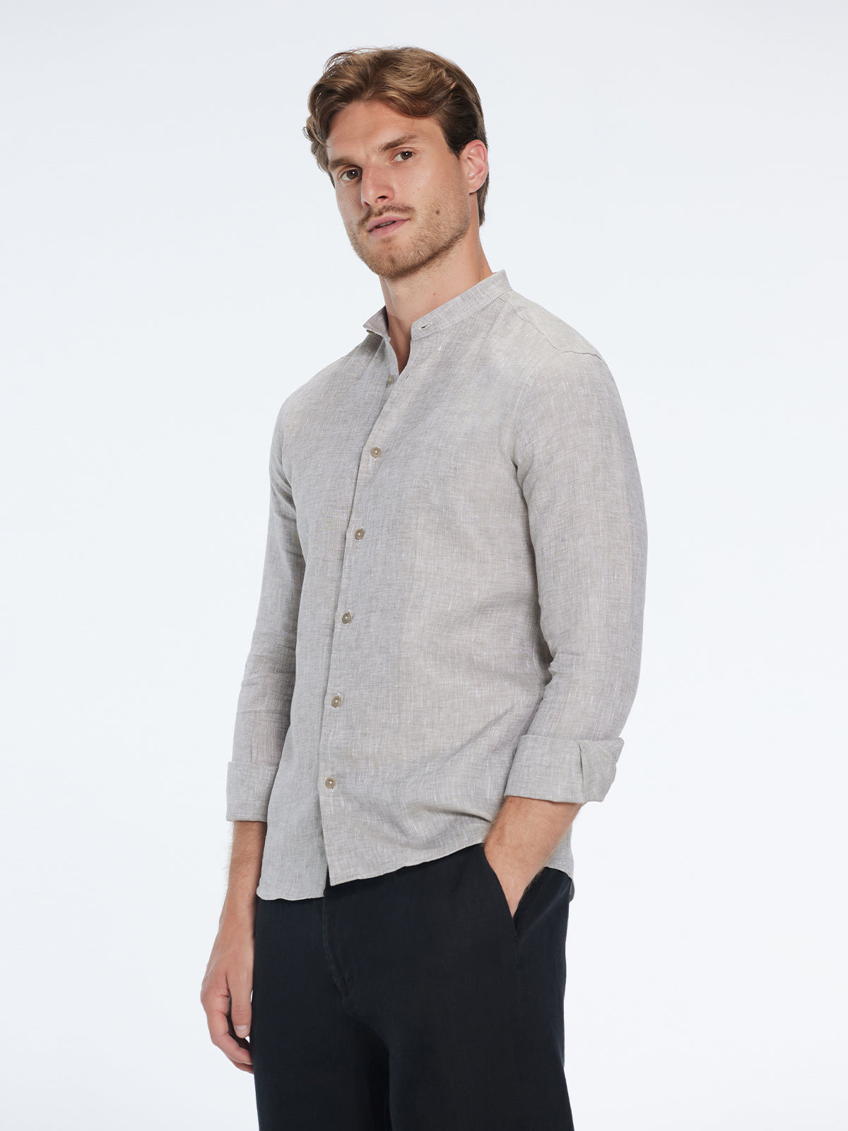 Ryan Khaki Linen Shirt with Grandad Collar | Moeva | Shirt | Each week unveils new pieces—luxury swimwear, fluid resort silhouettes, and elevated summer-to-evening essentials designed to carry you from coastal escapes to city nights.