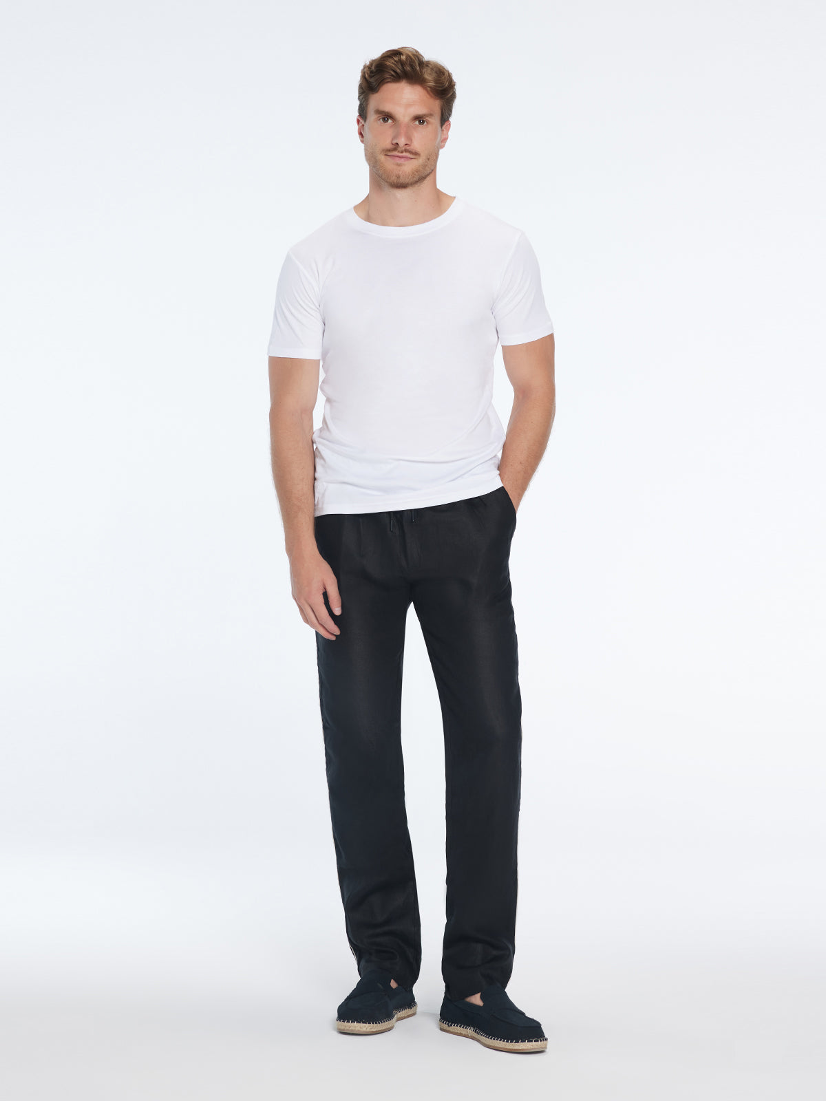 Joseph Black Linen Straight-Leg Pants | Moeva | Pants | Each week unveils new pieces—luxury swimwear, fluid resort silhouettes, and elevated summer-to-evening essentials designed to carry you from coastal escapes to city nights.