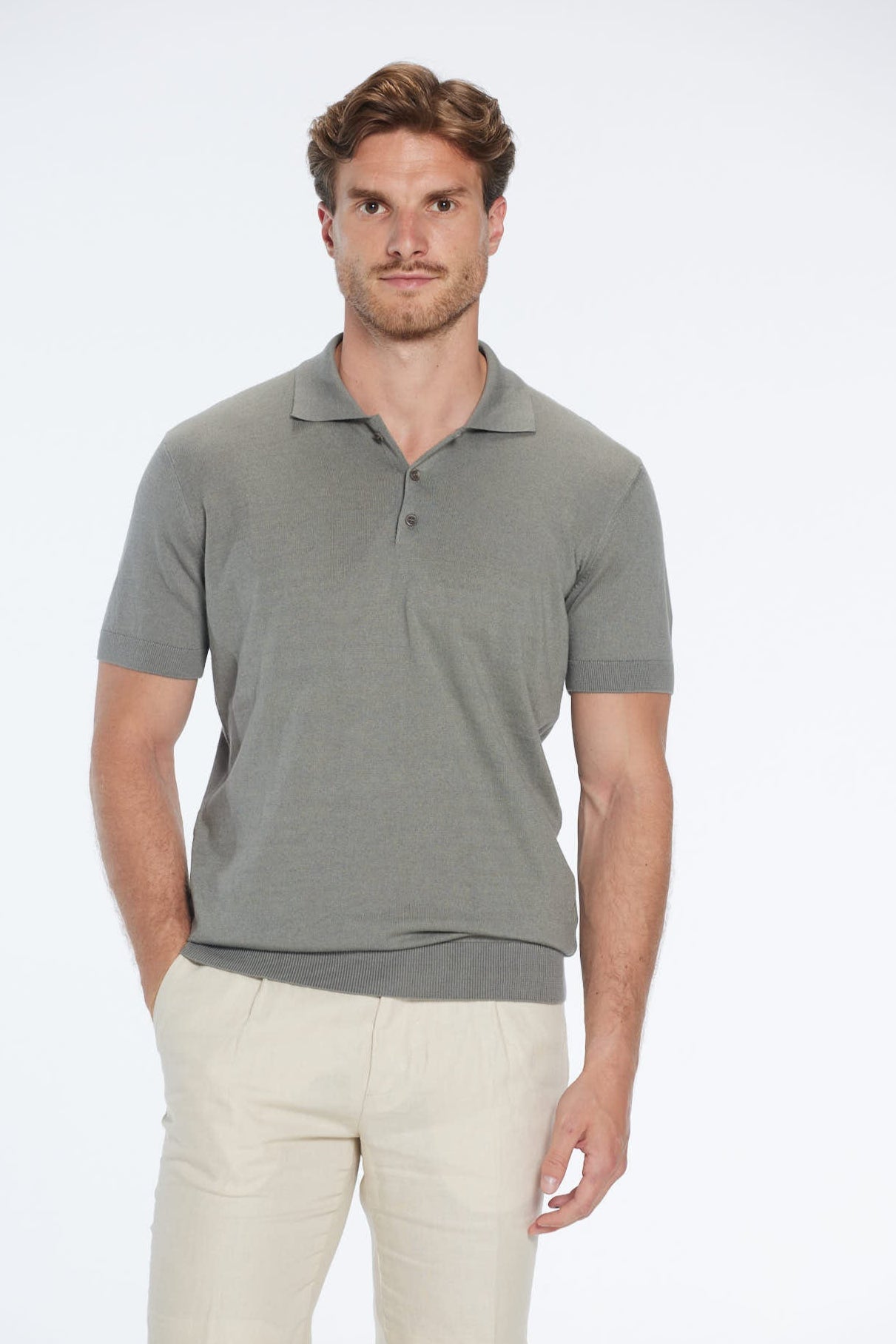 Johan Khaki Cotton Polo Shirt | Moeva | Men Polo Shirts | Each week unveils new pieces—luxury swimwear, fluid resort silhouettes, and elevated summer-to-evening essentials designed to carry you from coastal escapes to city nights.