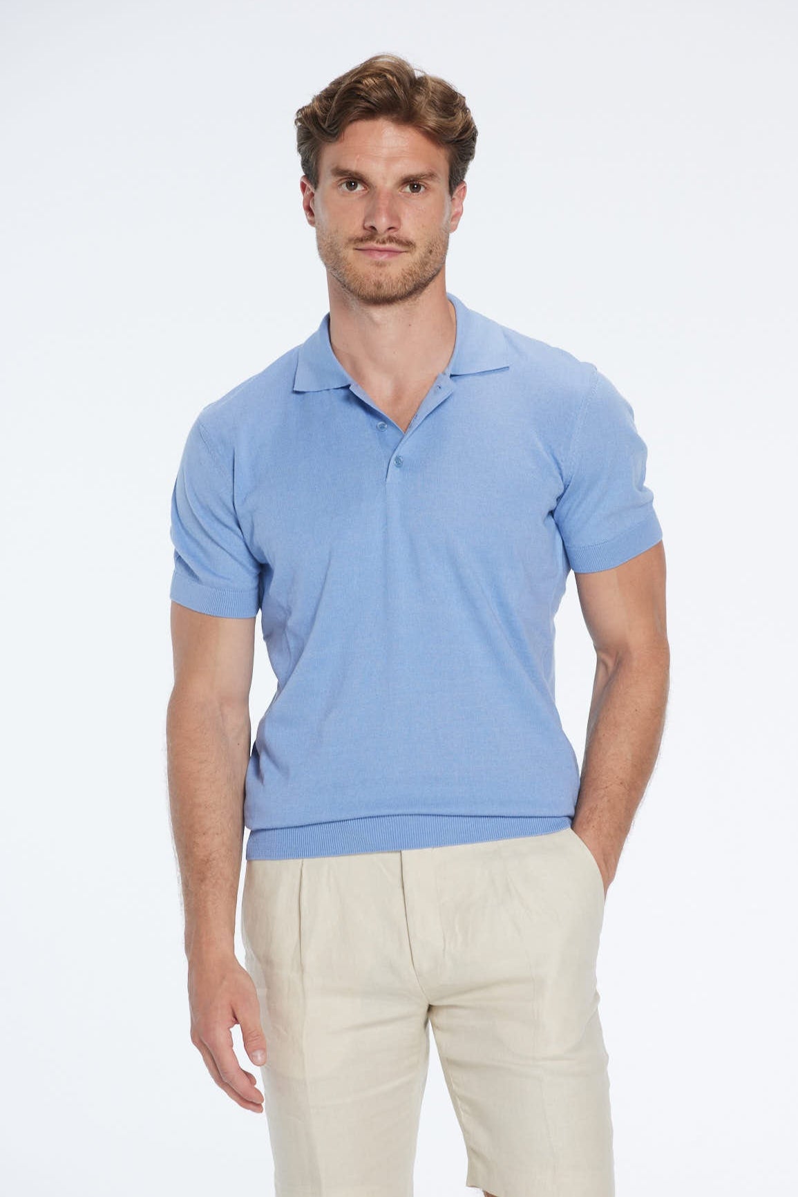Johan Baby Blue Cotton Polo Shirt | Moeva | Men Polo Shirts | Each week unveils new pieces—luxury swimwear, fluid resort silhouettes, and elevated summer-to-evening essentials designed to carry you from coastal escapes to city nights.