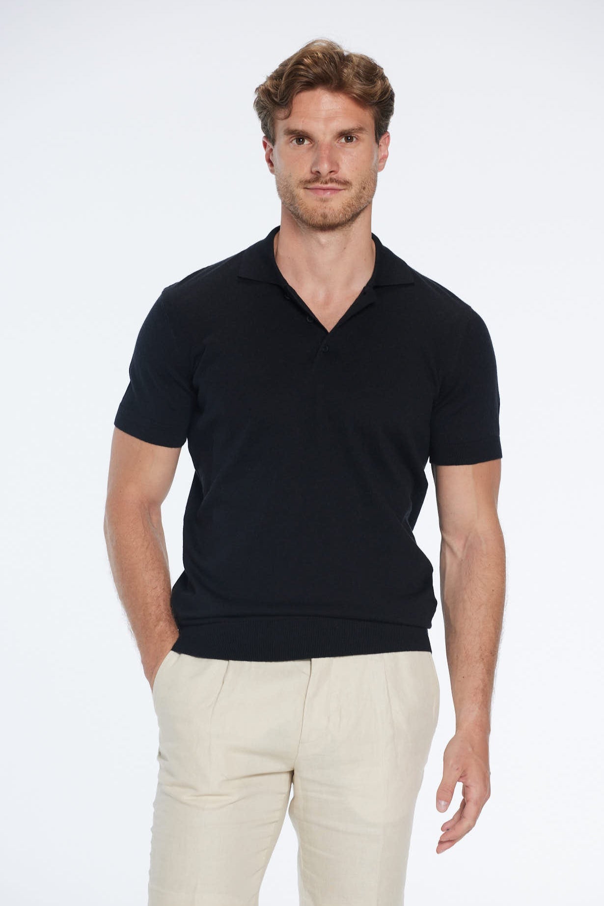 Johan Black Cotton Polo Shirt | Moeva | Men Polo Shirts | Each week unveils new pieces—luxury swimwear, fluid resort silhouettes, and elevated summer-to-evening essentials designed to carry you from coastal escapes to city nights.