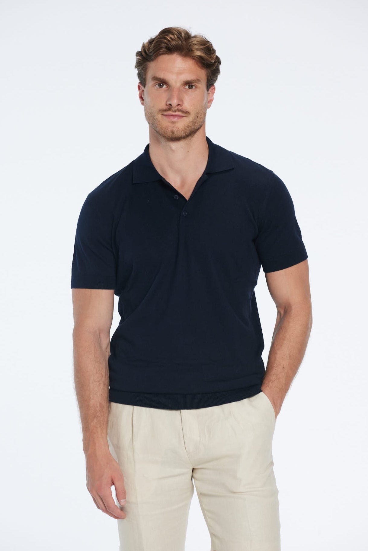 Johan Dark Blue Cotton Polo Shirt | Moeva | Men Polo Shirts | Each week unveils new pieces—luxury swimwear, fluid resort silhouettes, and elevated summer-to-evening essentials designed to carry you from coastal escapes to city nights.