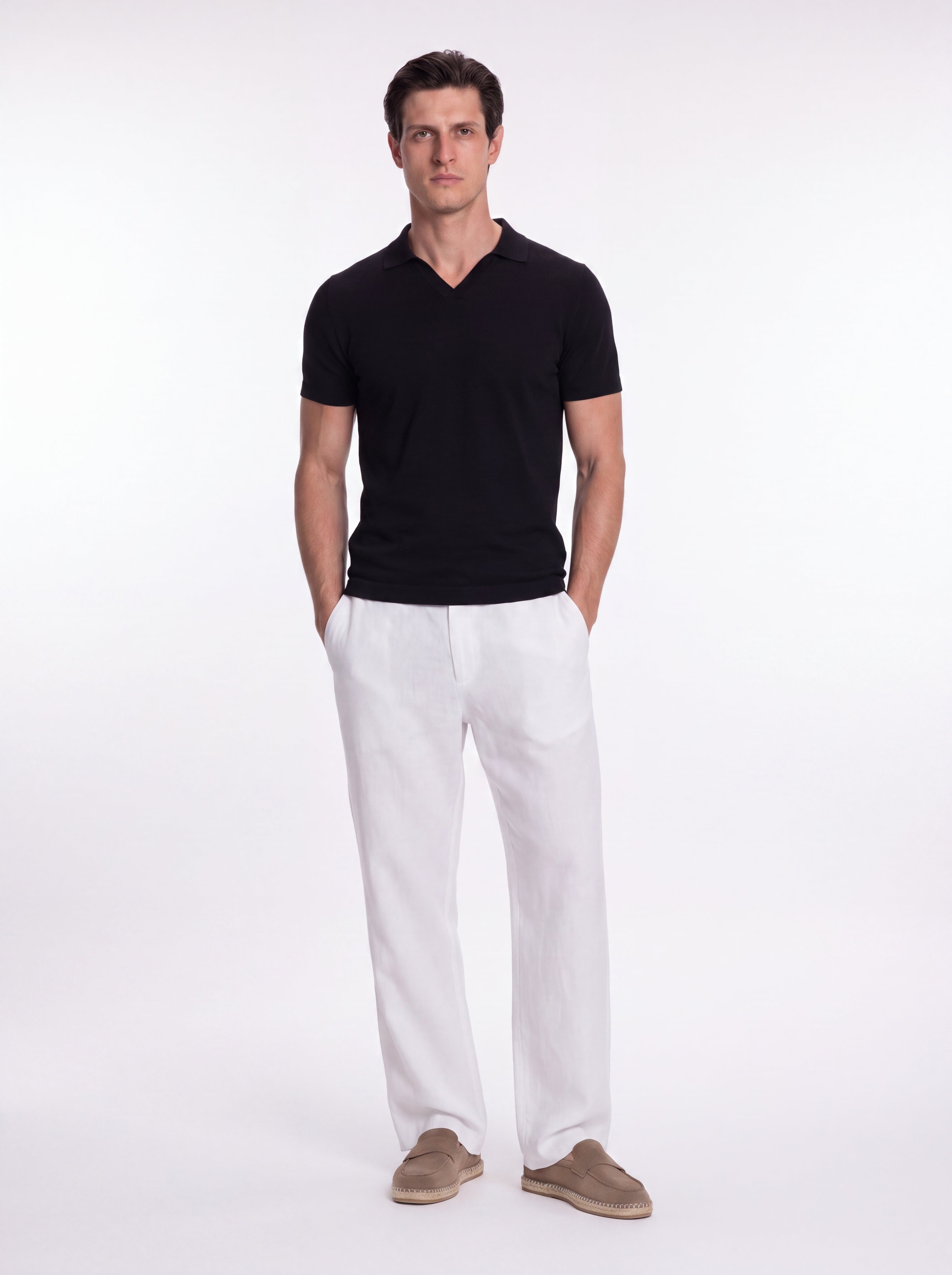 Mark Black Cotton V-Neck Polo T-Shirt | Moeva | T-Shirt | Each week unveils new pieces—luxury swimwear, fluid resort silhouettes, and elevated summer-to-evening essentials designed to carry you from coastal escapes to city nights.