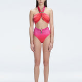 "Model wearing the Meredith Gradient Halter Neck Bikini Set with buckle detail and removable padding, standing by the pool."
