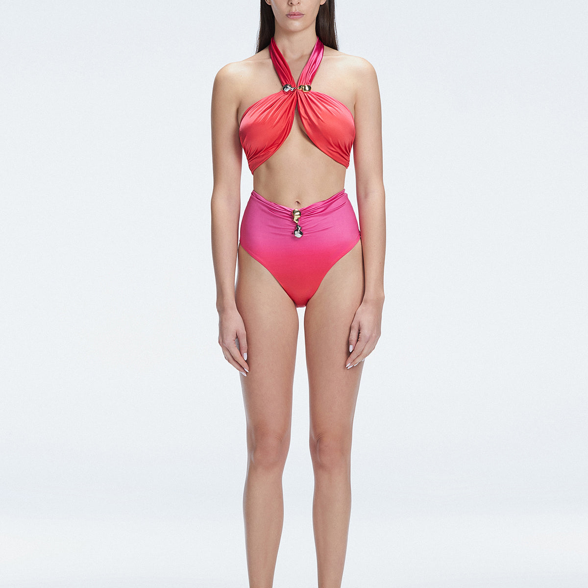 Meredith Red Gradient Halter Satin Bikini Top | Moeva | Bikini Top | Each week unveils new pieces—luxury swimwear, fluid resort silhouettes, and elevated summer-to-evening essentials designed to carry you from coastal escapes to city nights.