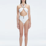 "Model wearing the Meredith White Halter Neck Bikini Set with buckle detail and removable padding "
