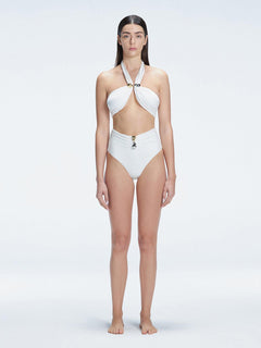 "Model wearing the Meredith White Halter Neck Bikini Set with buckle detail and removable padding "
