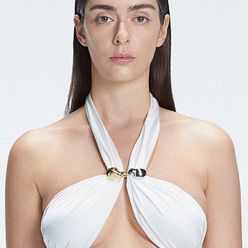 Meredith White Halter Satin Bikini Top | Moeva | Bikini Top | Each week unveils new pieces—luxury swimwear, fluid resort silhouettes, and elevated summer-to-evening essentials designed to carry you from coastal escapes to city nights.