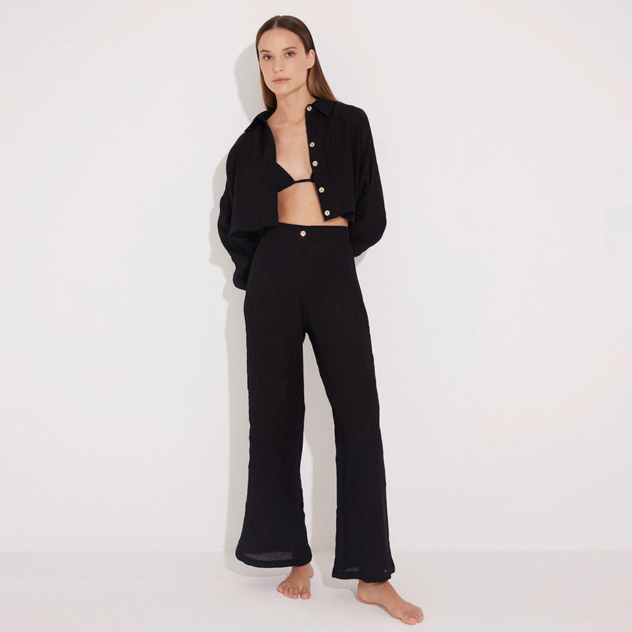 Jacinta Black Cropped Sheer Long Sleeve Shirt and Aura Black High Waist Beach Pants | Moeva | Set | Each week unveils new pieces—luxury swimwear, fluid resort silhouettes, and elevated summer-to-evening essentials designed to carry you from coastal escapes to city nights.