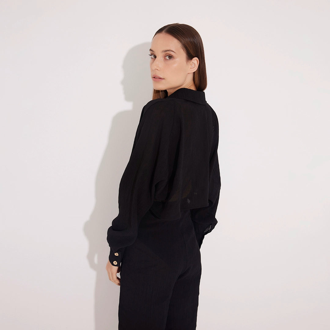 Jacinta Black Cropped Sheer Long Sleeve Shirt and Aura Black High Waist Beach Pants | Moeva | Set | Each week unveils new pieces—luxury swimwear, fluid resort silhouettes, and elevated summer-to-evening essentials designed to carry you from coastal escapes to city nights.