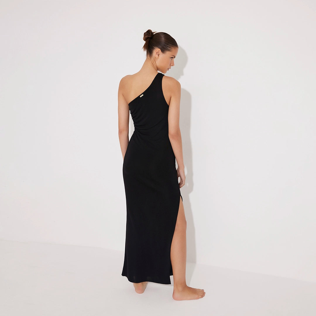Fewa Black One-Shoulder Knitted Maxi Dress with Side Cut-Out Detail | Moeva | Dress | Each week unveils new pieces—luxury swimwear, fluid resort silhouettes, and elevated summer-to-evening essentials designed to carry you from coastal escapes to city nights.