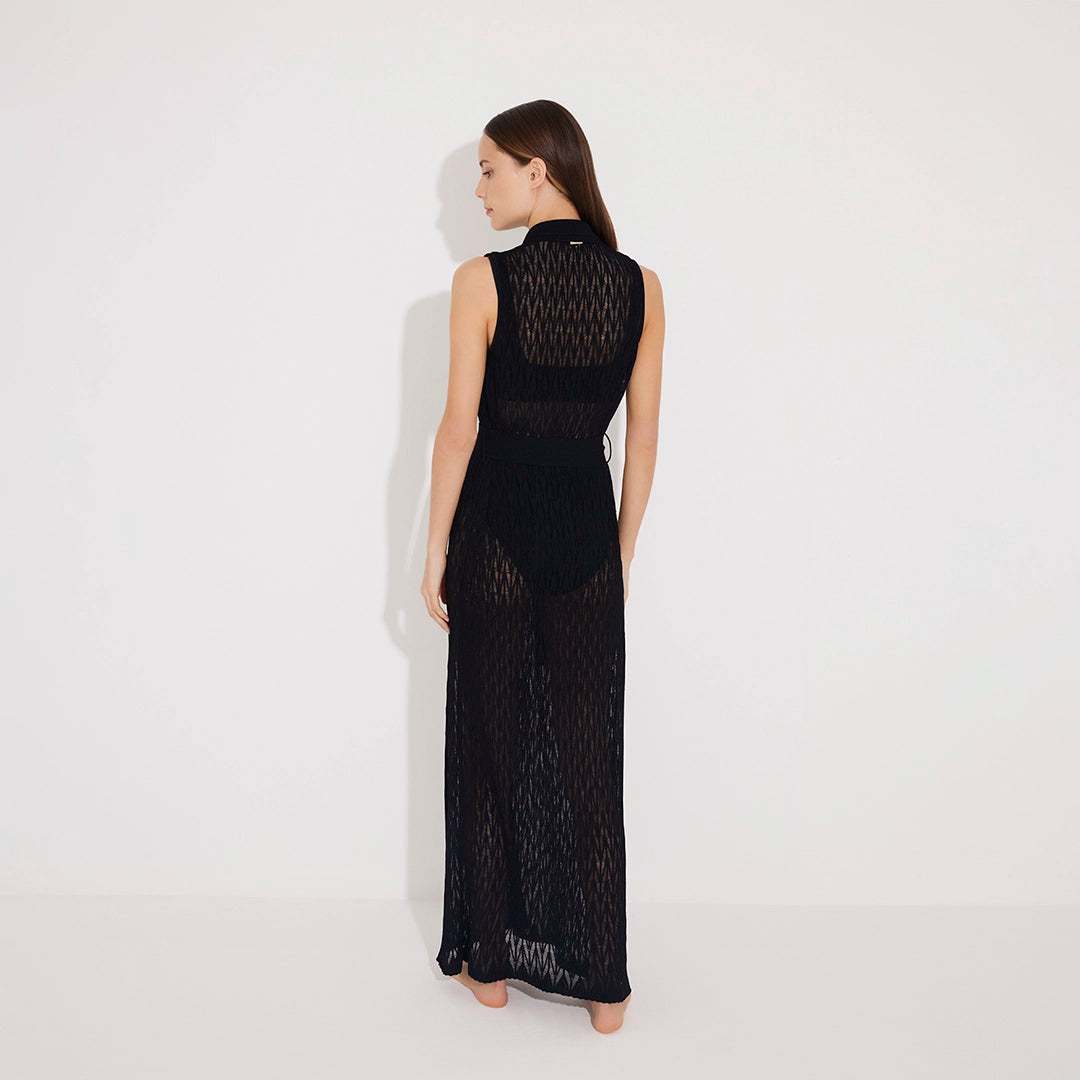 Kariba Sleeveless Belted Knitted Mesh Black Kaftan | Moeva | Kaftans | Each week unveils new pieces—luxury swimwear, fluid resort silhouettes, and elevated summer-to-evening essentials designed to carry you from coastal escapes to city nights.