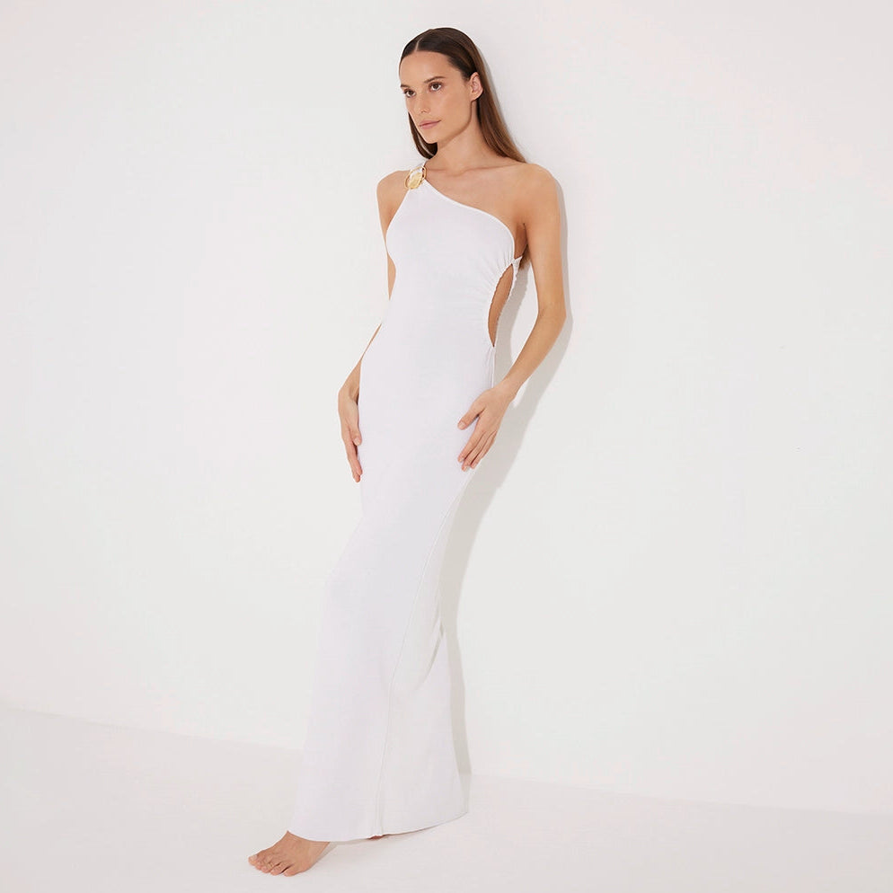 Fewa White One-Shoulder Knitted Maxi Dress with Side Cut-Out Detail | Moeva | Dress | Each week unveils new pieces—luxury swimwear, fluid resort silhouettes, and elevated summer-to-evening essentials designed to carry you from coastal escapes to city nights.