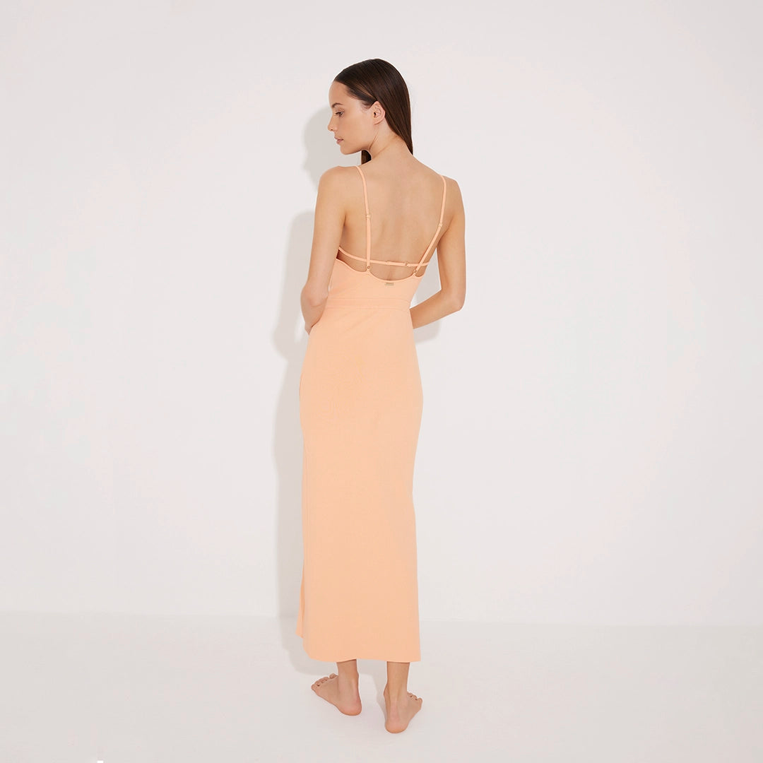 Beau Orange Sleeveless Knitted Long Dress with Side Slit | Moeva | RTW Dresses | Each week unveils new pieces—luxury swimwear, fluid resort silhouettes, and elevated summer-to-evening essentials designed to carry you from coastal escapes to city nights.