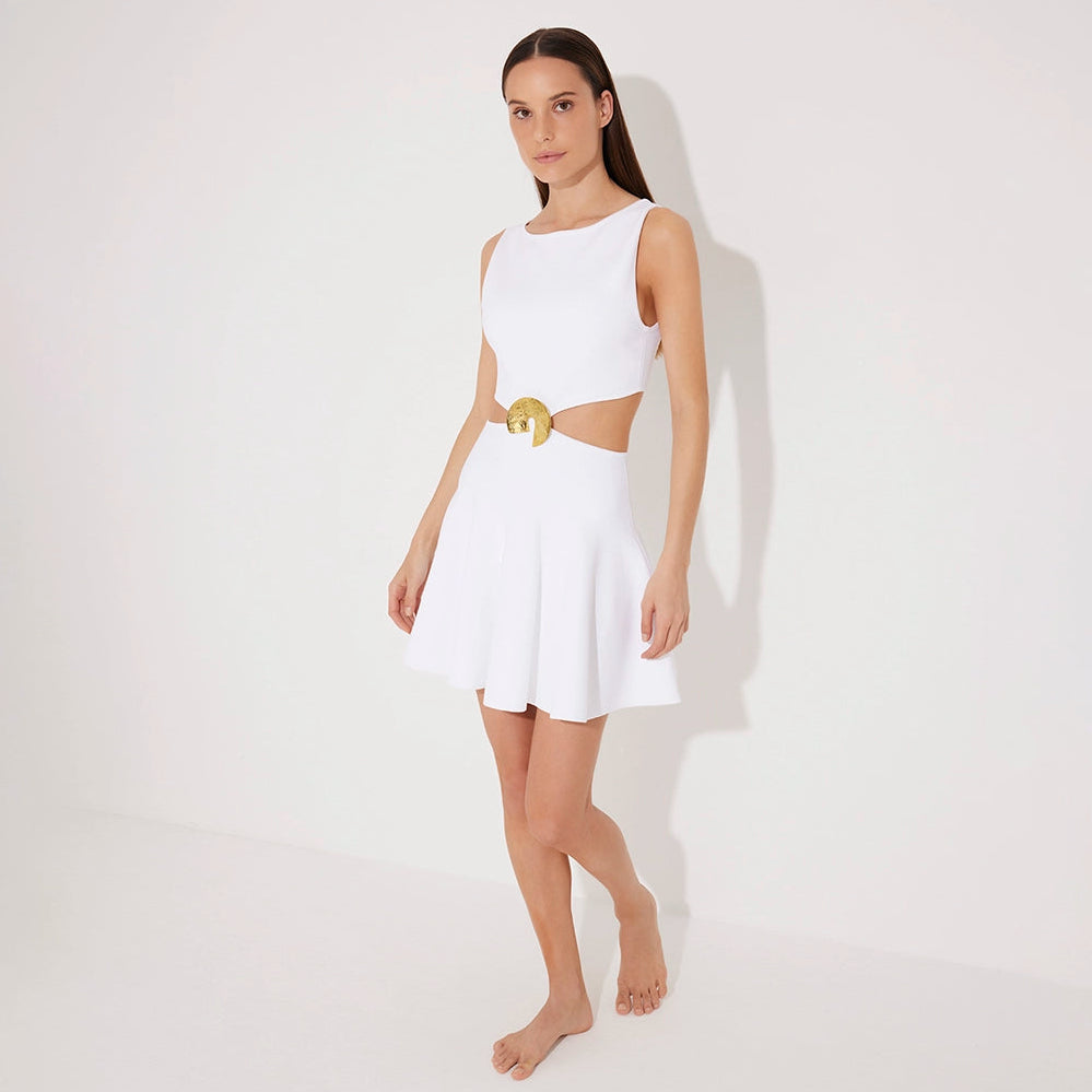 Lanao White Cut-Out Knit Mini Dress with Gold Detail | Moeva | Dress | Each week unveils new pieces—luxury swimwear, fluid resort silhouettes, and elevated summer-to-evening essentials designed to carry you from coastal escapes to city nights.