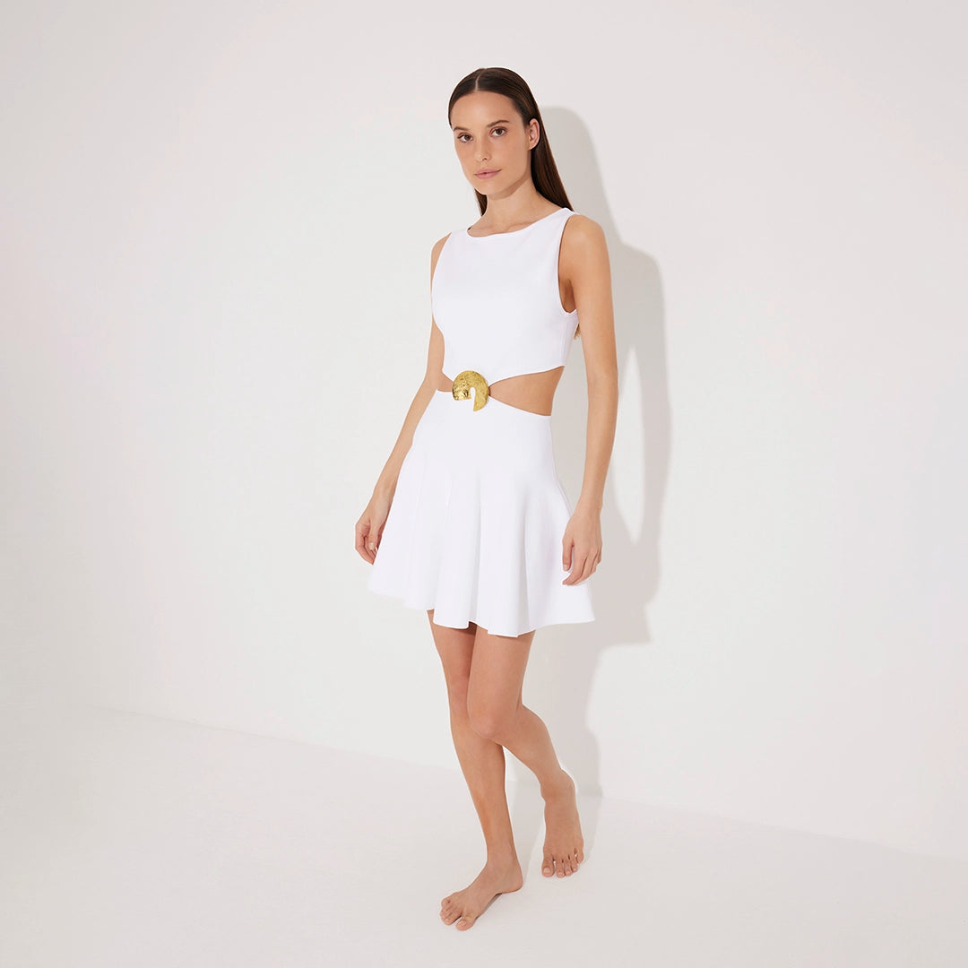 Lanao White Cut-Out Knit Mini Dress with Gold Detail | Moeva | RTW Dresses | Each week unveils new pieces—luxury swimwear, fluid resort silhouettes, and elevated summer-to-evening essentials designed to carry you from coastal escapes to city nights.