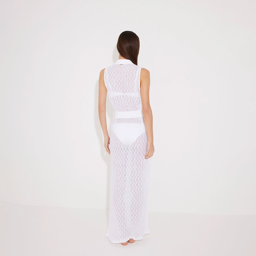 Kariba Sleeveless Belted Knitted Mesh White Kaftan | Moeva | Kaftans | Each week unveils new pieces—luxury swimwear, fluid resort silhouettes, and elevated summer-to-evening essentials designed to carry you from coastal escapes to city nights.