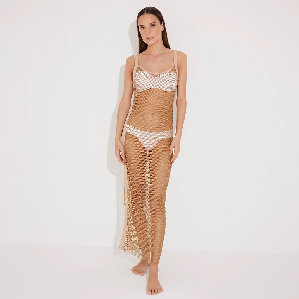 Triana Nude Rhinestone Details Mesh Long Dress | Moeva | Dress | Each week unveils new pieces—luxury swimwear, fluid resort silhouettes, and elevated summer-to-evening essentials designed to carry you from coastal escapes to city nights.