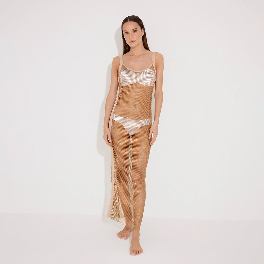 Triana Nude Rhinestone Details Mesh Long Dress | Moeva | Beachwear Dresses | Each week unveils new pieces—luxury swimwear, fluid resort silhouettes, and elevated summer-to-evening essentials designed to carry you from coastal escapes to city nights.