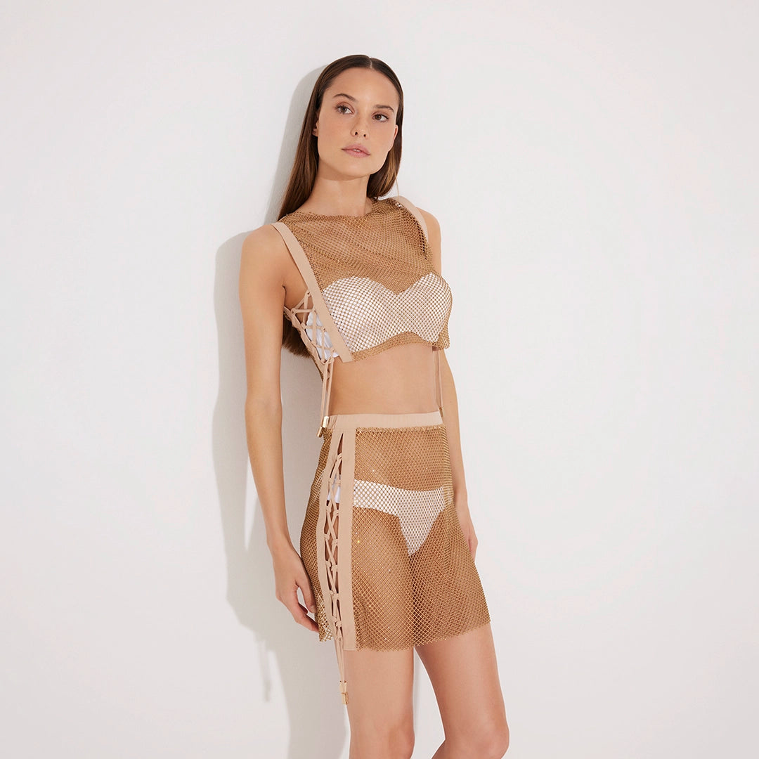 Alejandra Nude Rhinestone Details Mesh Skirt | Moeva | Beachwear Skirts | Each week unveils new pieces—luxury swimwear, fluid resort silhouettes, and elevated summer-to-evening essentials designed to carry you from coastal escapes to city nights.