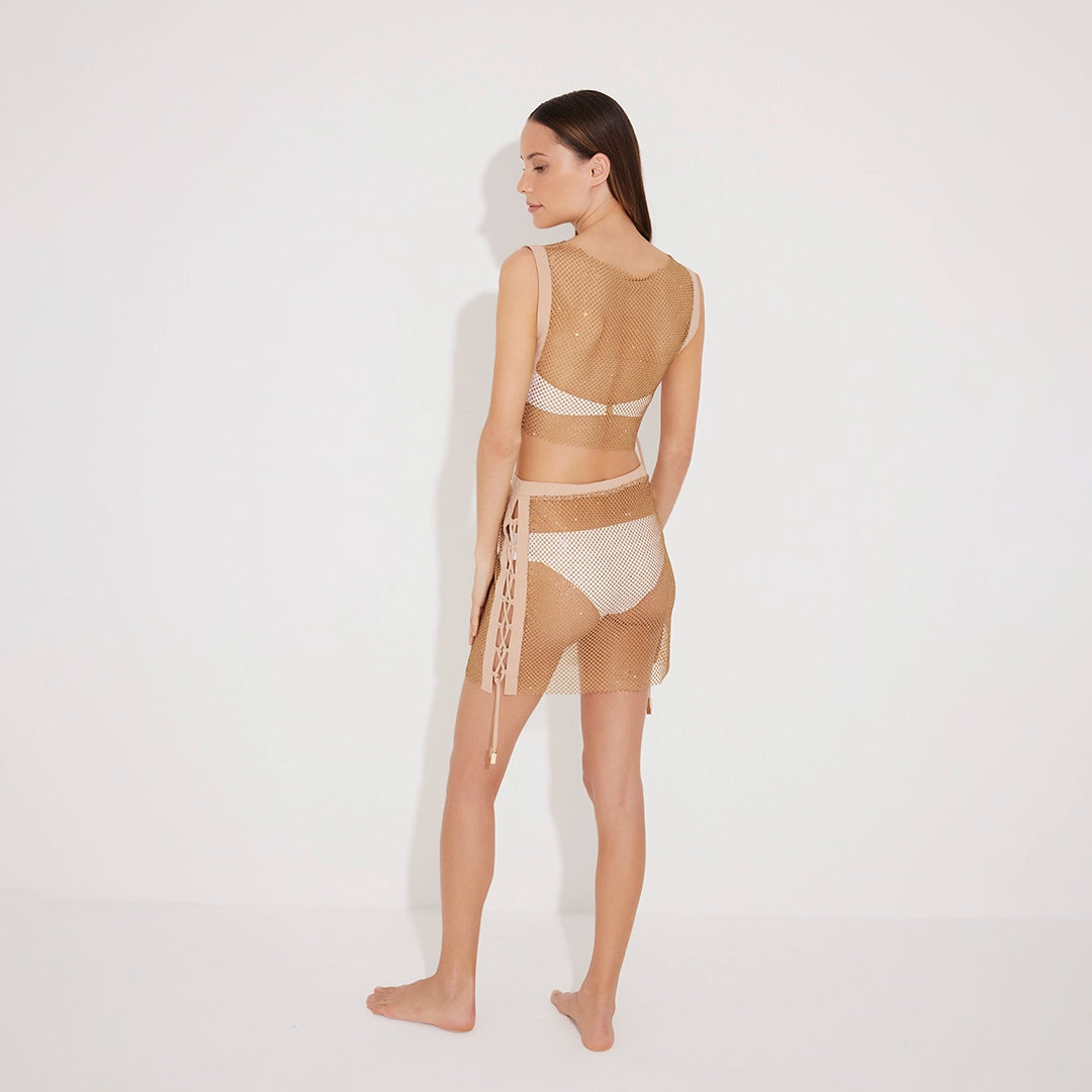 Alejandra Bronze Rhinestone Details Mesh Top and Skirt Set | Moeva | Set | Each week unveils new pieces—luxury swimwear, fluid resort silhouettes, and elevated summer-to-evening essentials designed to carry you from coastal escapes to city nights.