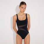 Leila Black Cut-Out Swimsuit with Mesh Detail | Moeva | Swimsuit | Each week unveils new pieces—luxury swimwear, fluid resort silhouettes, and elevated summer-to-evening essentials designed to carry you from coastal escapes to city nights.