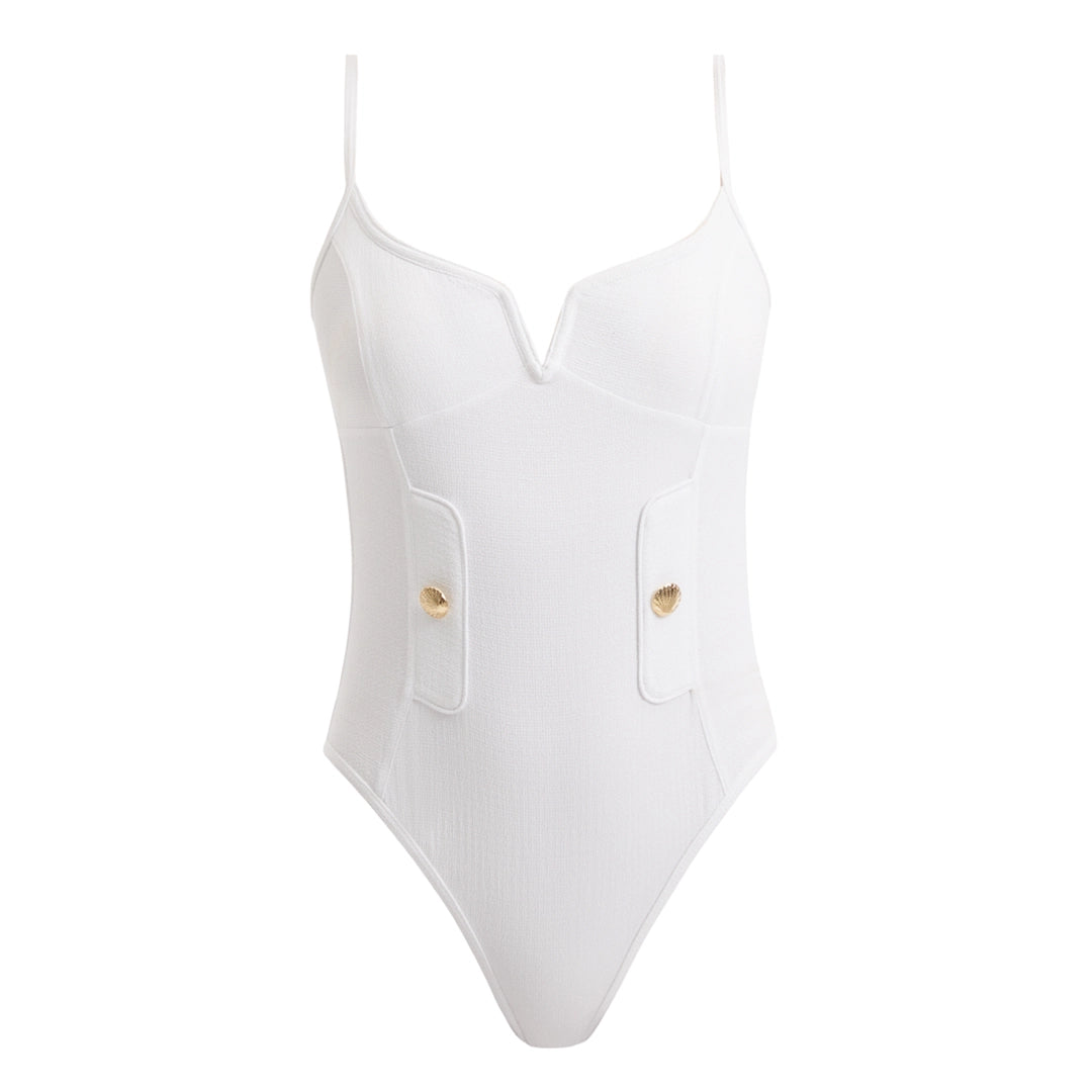 Muriel White Scoop Neck Textured Swimsuit | Moeva | Swimsuit | Each week unveils new pieces—luxury swimwear, fluid resort silhouettes, and elevated summer-to-evening essentials designed to carry you from coastal escapes to city nights.