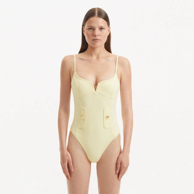 Muriel Yellow Scoop Neck Textured Swimsuit | Moeva | Swimsuit | Each week unveils new pieces—luxury swimwear, fluid resort silhouettes, and elevated summer-to-evening essentials designed to carry you from coastal escapes to city nights.