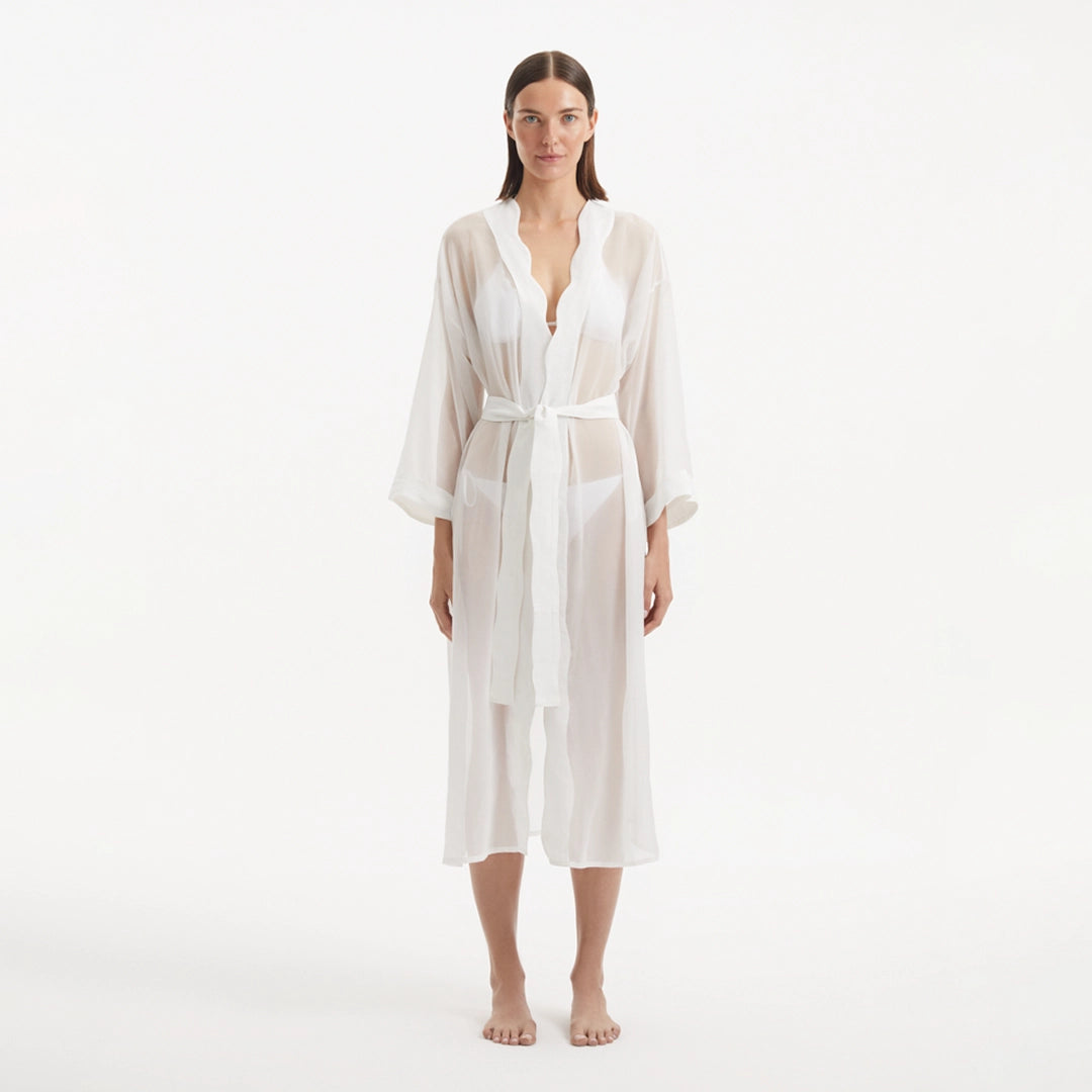 Blaze Long Sleeve Wavy-Trim Belted Sheer White Kaftan | Moeva | Kaftans | Each week unveils new pieces—luxury swimwear, fluid resort silhouettes, and elevated summer-to-evening essentials designed to carry you from coastal escapes to city nights.