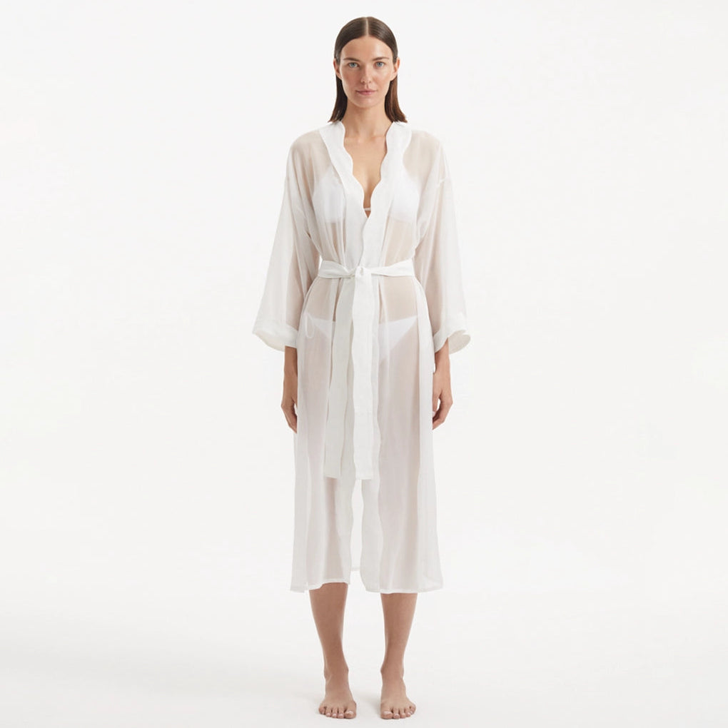 Blaze Long Sleeve Wavy-Trim Belted Sheer White Kaftan | Moeva | Kaftan | Each week unveils new pieces—luxury swimwear, fluid resort silhouettes, and elevated summer-to-evening essentials designed to carry you from coastal escapes to city nights.