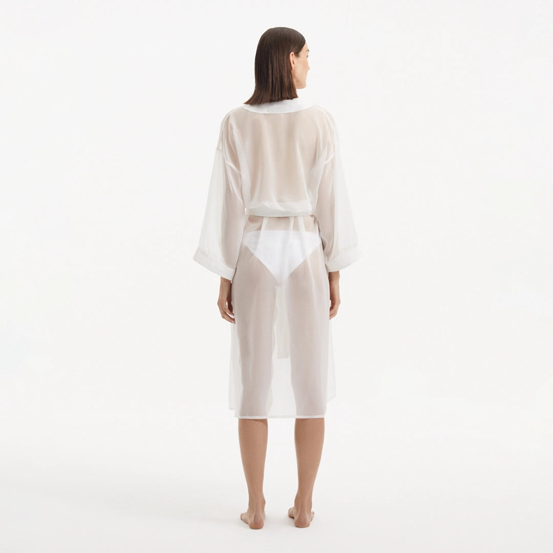 Blaze Long Sleeve Wavy-Trim Belted Sheer White Kaftan | Moeva | Kaftans | Each week unveils new pieces—luxury swimwear, fluid resort silhouettes, and elevated summer-to-evening essentials designed to carry you from coastal escapes to city nights.