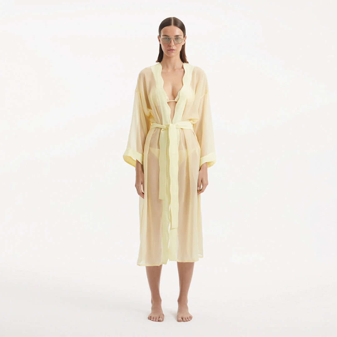 Blaze Long Sleeve Wavy-Trim Belted Sheer Yellow Kaftan | Moeva | Kaftans | Each week unveils new pieces—luxury swimwear, fluid resort silhouettes, and elevated summer-to-evening essentials designed to carry you from coastal escapes to city nights.