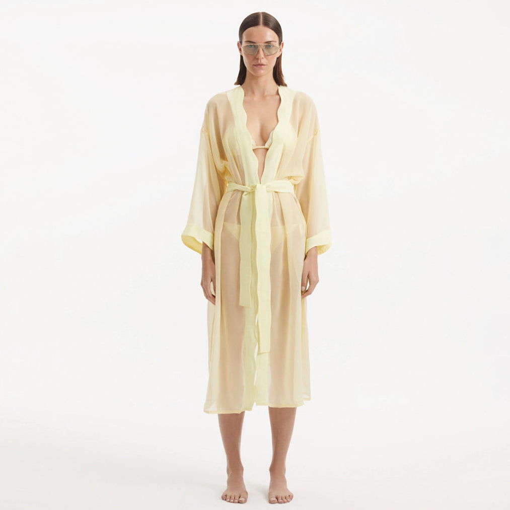 Blaze Long Sleeve Wavy-Trim Belted Sheer Yellow Kaftan | Moeva | Kaftan | Each week unveils new pieces—luxury swimwear, fluid resort silhouettes, and elevated summer-to-evening essentials designed to carry you from coastal escapes to city nights.