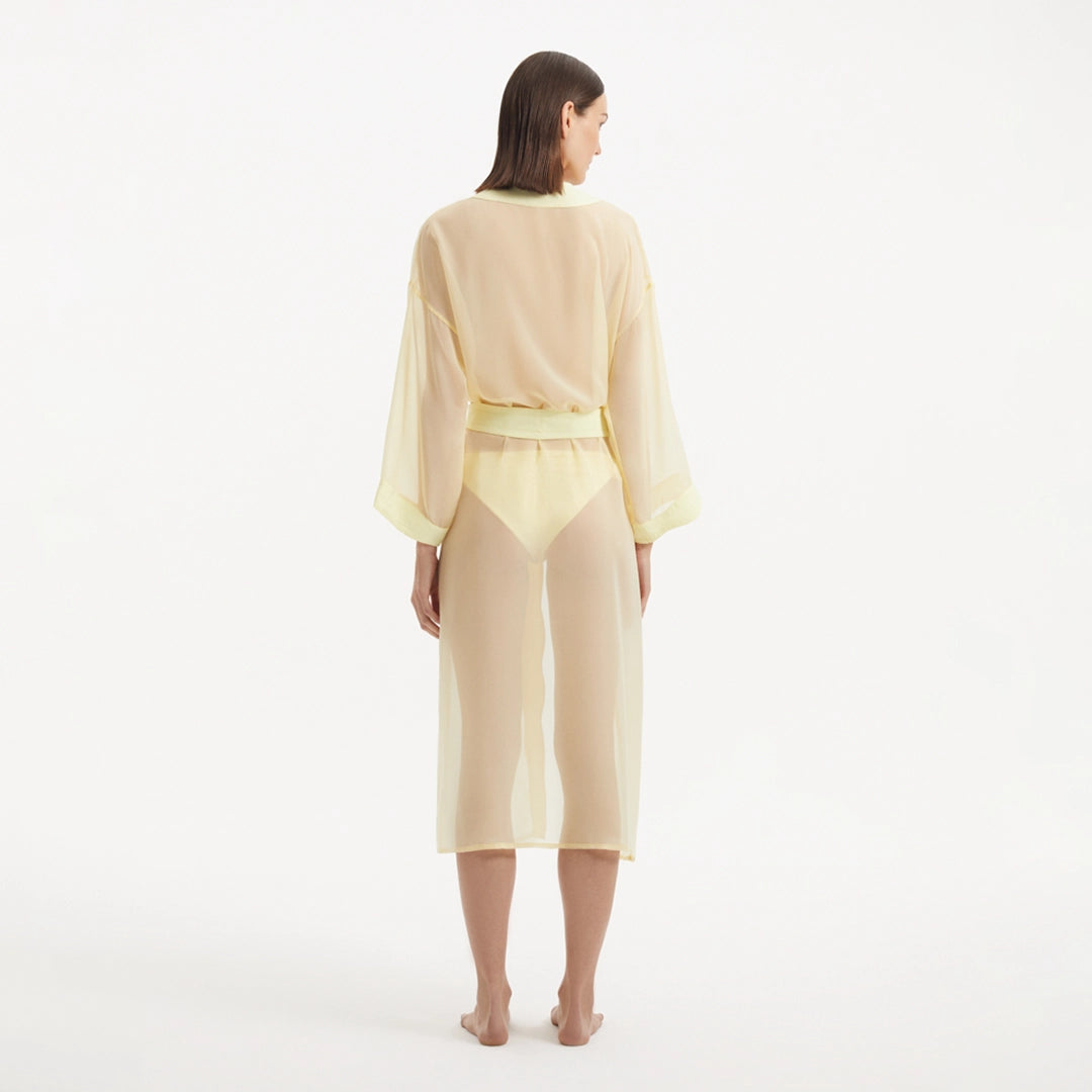Blaze Long Sleeve Wavy-Trim Belted Sheer Yellow Kaftan | Moeva | Kaftans | Each week unveils new pieces—luxury swimwear, fluid resort silhouettes, and elevated summer-to-evening essentials designed to carry you from coastal escapes to city nights.