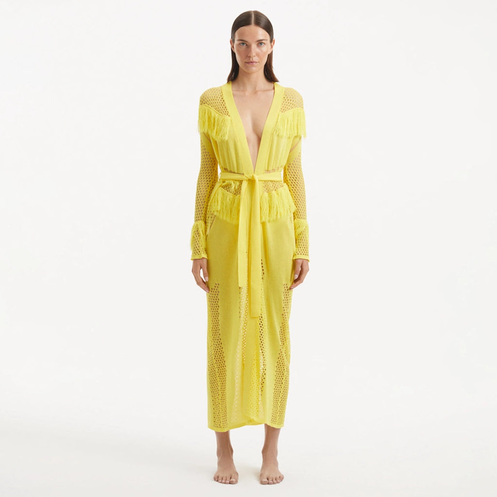 Itzel Yellow Knitted Mesh Long-Sleeve Kaftan | Moeva | Kaftan | Each week unveils new pieces—luxury swimwear, fluid resort silhouettes, and elevated summer-to-evening essentials designed to carry you from coastal escapes to city nights.