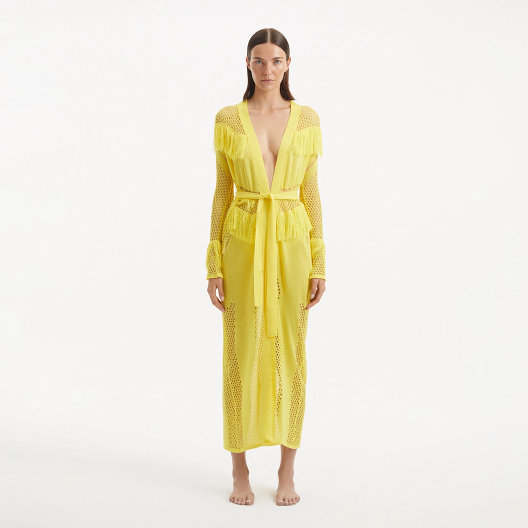 Itzel Yellow Knitted Mesh Long-Sleeve Kaftan | Moeva | Kaftans | Each week unveils new pieces—luxury swimwear, fluid resort silhouettes, and elevated summer-to-evening essentials designed to carry you from coastal escapes to city nights.