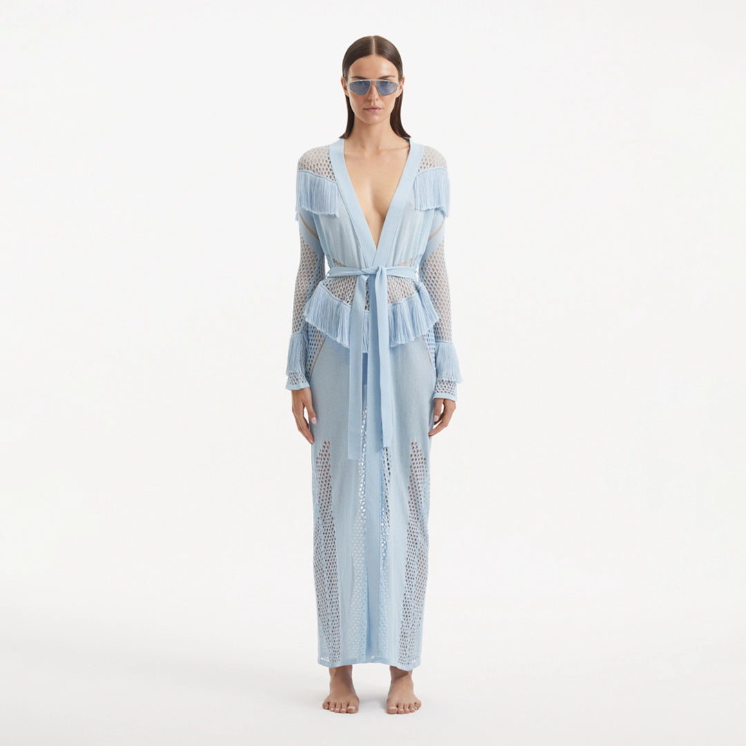 Itzel Blue Knitted Mesh Long-Sleeve Kaftan | Moeva | Kaftans | Each week unveils new pieces—luxury swimwear, fluid resort silhouettes, and elevated summer-to-evening essentials designed to carry you from coastal escapes to city nights.