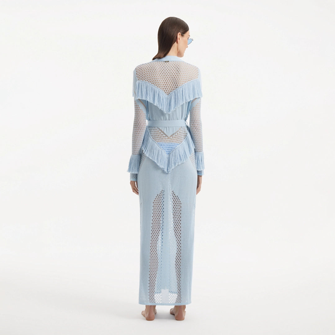 Itzel Blue Knitted Mesh Long-Sleeve Kaftan | Moeva | Kaftans | Each week unveils new pieces—luxury swimwear, fluid resort silhouettes, and elevated summer-to-evening essentials designed to carry you from coastal escapes to city nights.