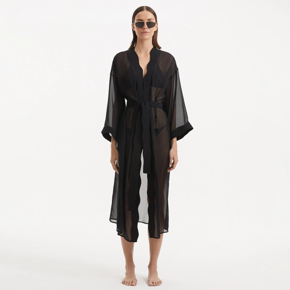 Blaze Long Sleeve Wavy-Trim Belted Sheer Black Kaftan | Moeva | Kaftan | Each week unveils new pieces—luxury swimwear, fluid resort silhouettes, and elevated summer-to-evening essentials designed to carry you from coastal escapes to city nights.