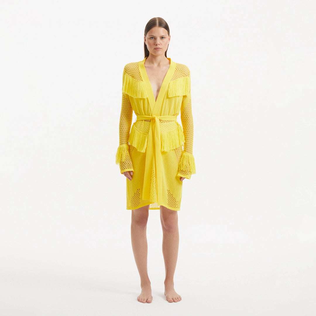 Kenga Knitted Knee-Length Long-Sleeve Belted Yellow Kaftan | Moeva | Kaftans | Each week unveils new pieces—luxury swimwear, fluid resort silhouettes, and elevated summer-to-evening essentials designed to carry you from coastal escapes to city nights.