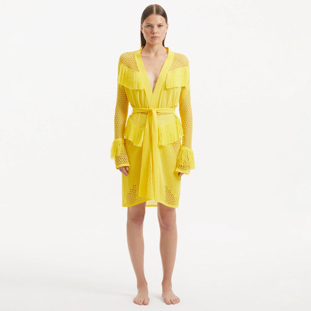 Kenga Knitted Knee-Length Long-Sleeve Belted Yellow Kaftan | Moeva | Kaftan | Each week unveils new pieces—luxury swimwear, fluid resort silhouettes, and elevated summer-to-evening essentials designed to carry you from coastal escapes to city nights.