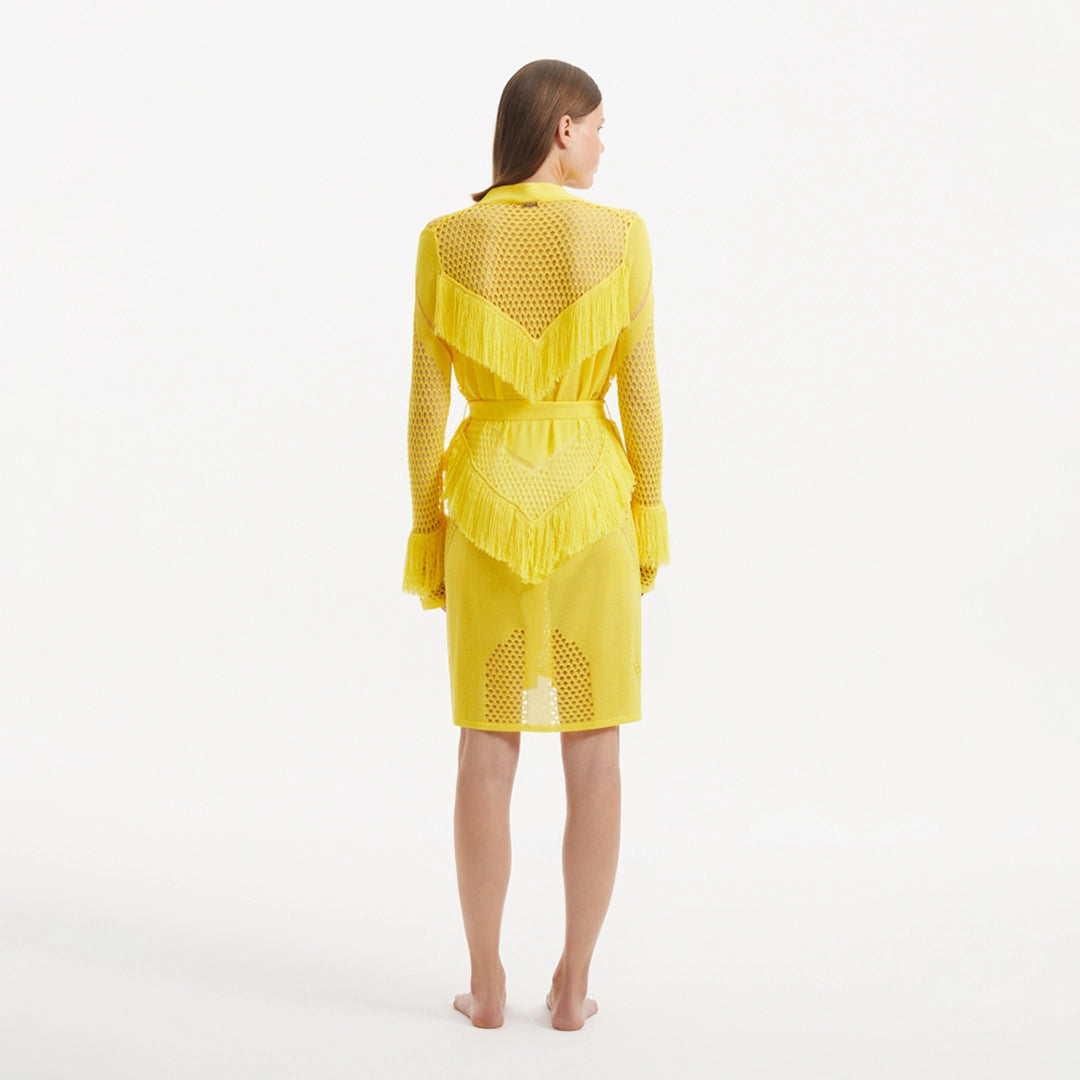 Kenga Knitted Knee-Length Long-Sleeve Belted Yellow Kaftan | Moeva | Kaftans | Each week unveils new pieces—luxury swimwear, fluid resort silhouettes, and elevated summer-to-evening essentials designed to carry you from coastal escapes to city nights.