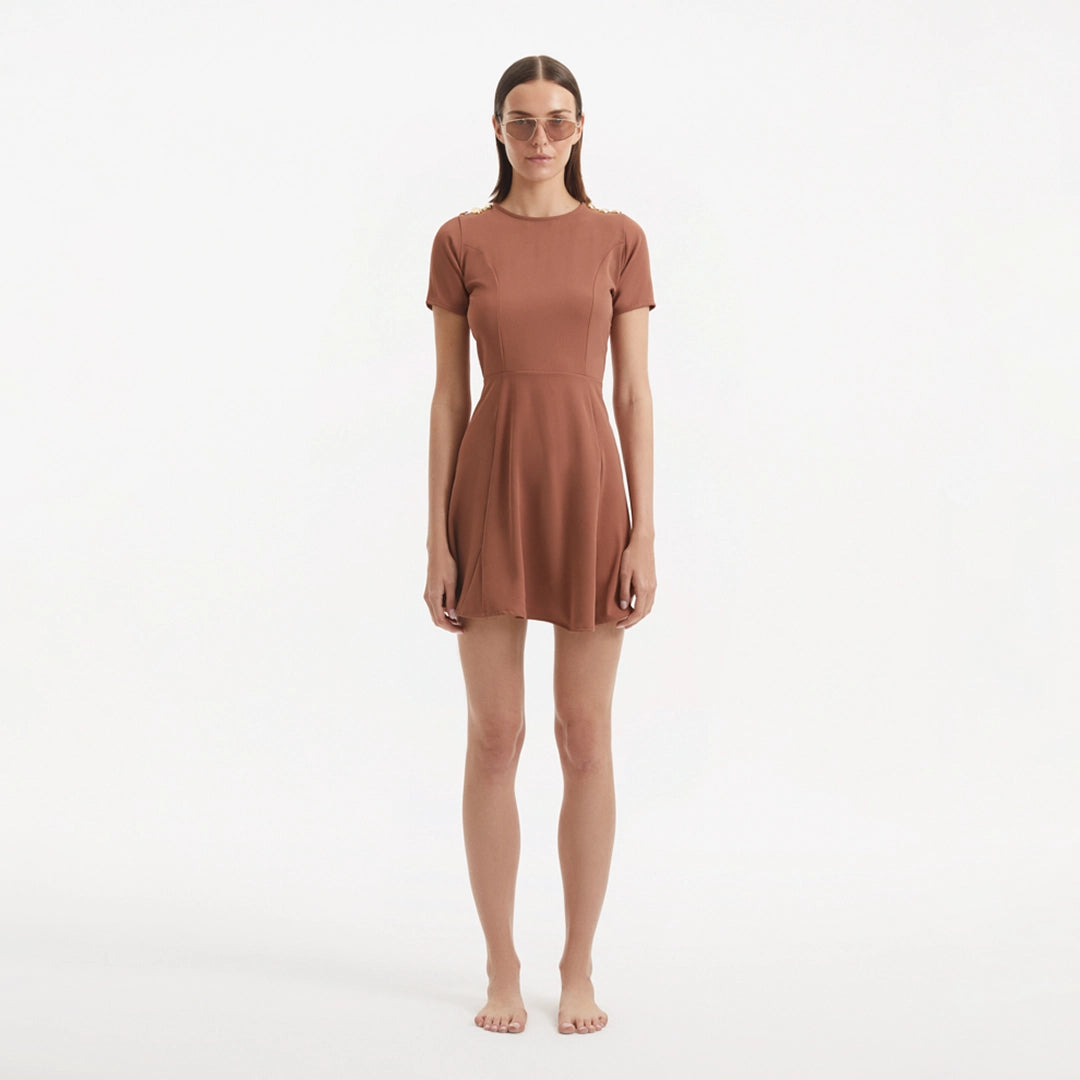Derin Brown Short-Sleeve Mini Dress | Moeva | RTW Dresses | Each week unveils new pieces—luxury swimwear, fluid resort silhouettes, and elevated summer-to-evening essentials designed to carry you from coastal escapes to city nights.