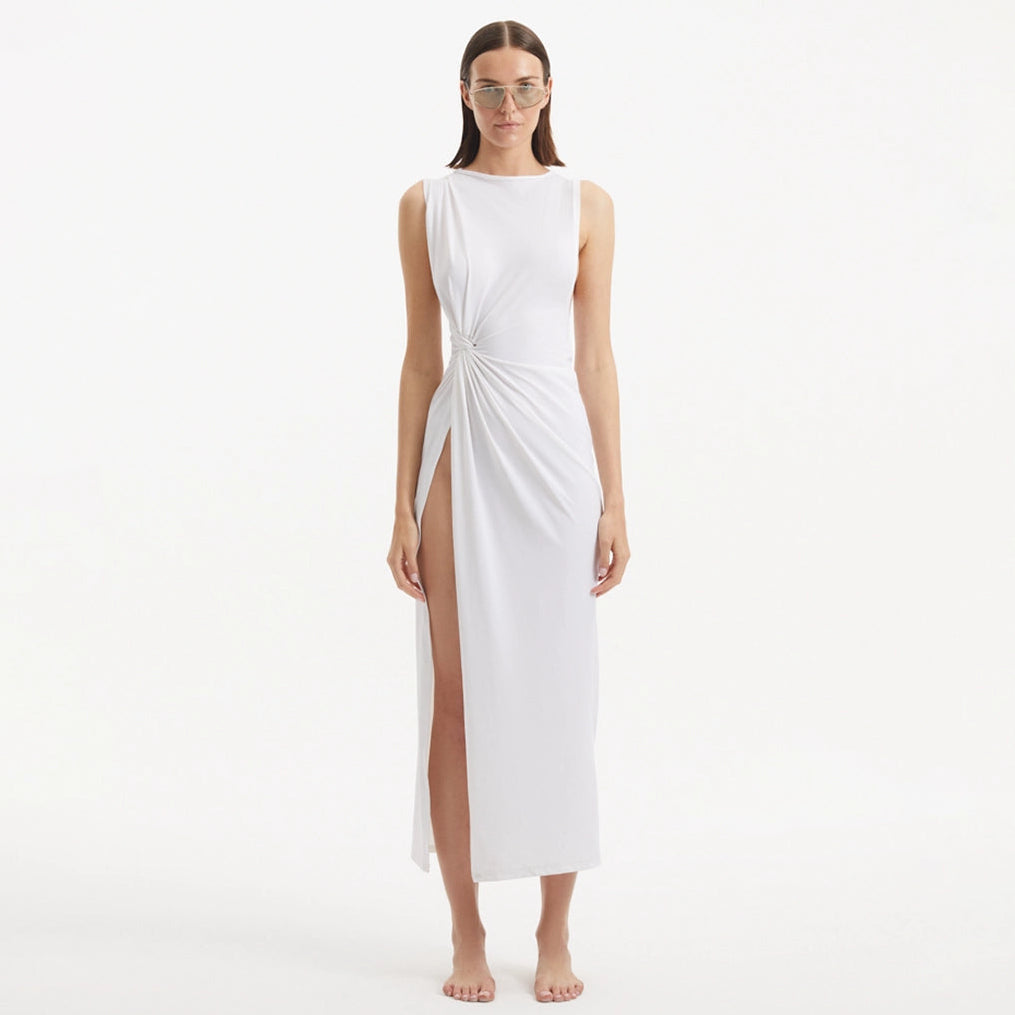 Apollo White Satin Sleeveless Long Dress with Side Slit | Moeva | Dress | Each week unveils new pieces—luxury swimwear, fluid resort silhouettes, and elevated summer-to-evening essentials designed to carry you from coastal escapes to city nights.