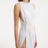 Apollo White Satin Sleeveless Long Dress with Side Slit | Moeva | RTW Dresses | Each week unveils new pieces—luxury swimwear, fluid resort silhouettes, and elevated summer-to-evening essentials designed to carry you from coastal escapes to city nights.