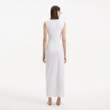 Apollo White Satin Sleeveless Long Dress with Side Slit | Moeva | RTW Dresses | Each week unveils new pieces—luxury swimwear, fluid resort silhouettes, and elevated summer-to-evening essentials designed to carry you from coastal escapes to city nights.