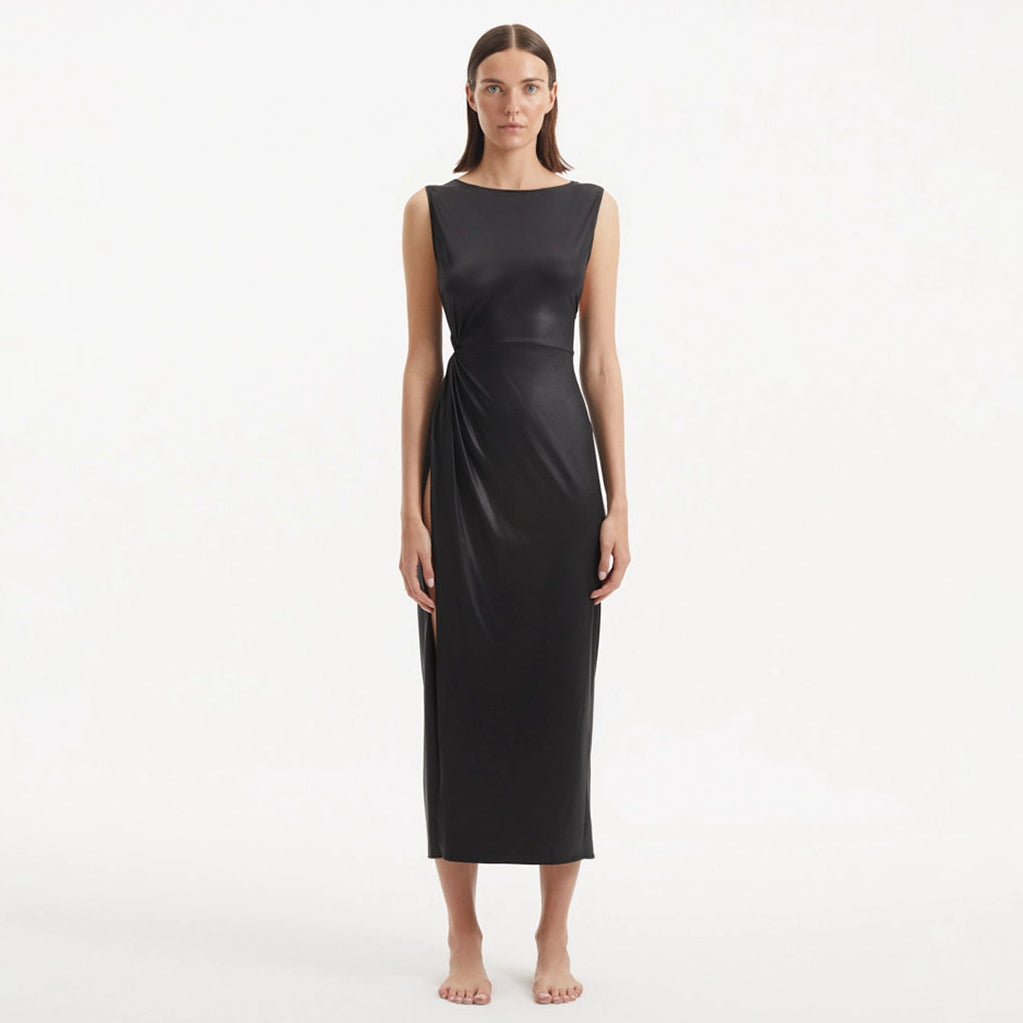 Apollo Black Satin Sleeveless Long Dress with Side Slit | Moeva | Dress | Each week unveils new pieces—luxury swimwear, fluid resort silhouettes, and elevated summer-to-evening essentials designed to carry you from coastal escapes to city nights.