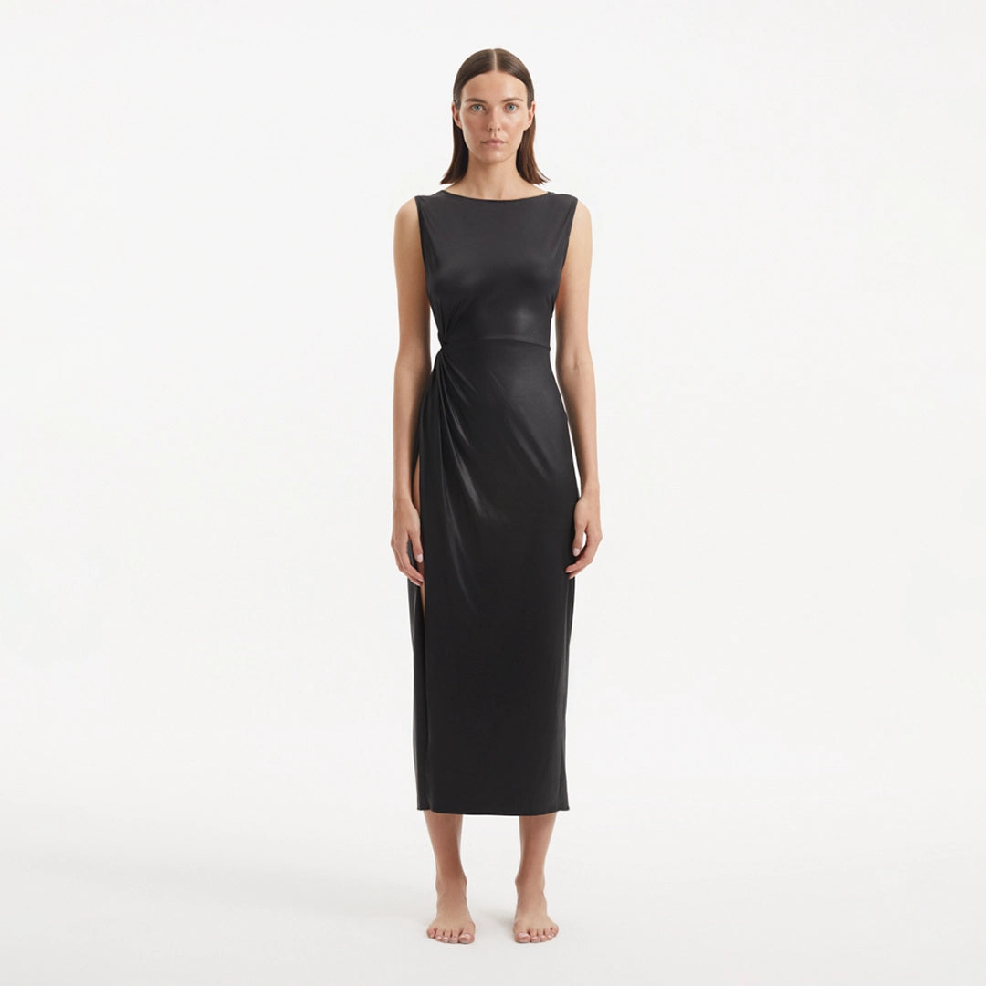 Apollo Black Satin Sleeveless Long Dress with Side Slit | Moeva | RTW Dresses | Each week unveils new pieces—luxury swimwear, fluid resort silhouettes, and elevated summer-to-evening essentials designed to carry you from coastal escapes to city nights.
