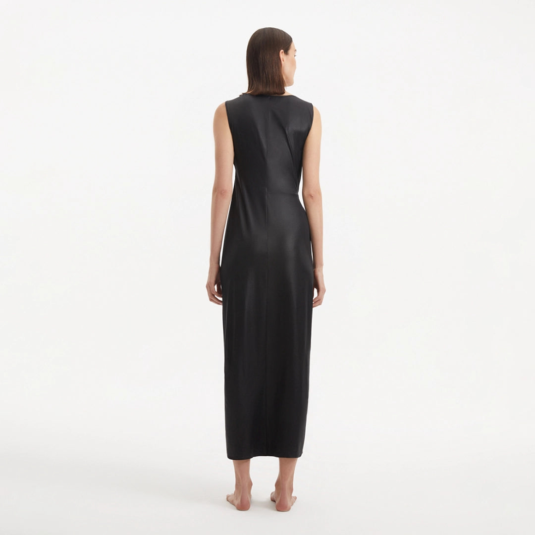 Apollo Black Satin Sleeveless Long Dress with Side Slit | Moeva | RTW Dresses | Each week unveils new pieces—luxury swimwear, fluid resort silhouettes, and elevated summer-to-evening essentials designed to carry you from coastal escapes to city nights.