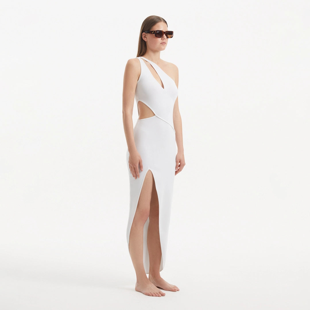 Shore White One-Shoulder Maxi Knitted Dress with Cut-Out Details | Moeva | RTW Dresses | Each week unveils new pieces—luxury swimwear, fluid resort silhouettes, and elevated summer-to-evening essentials designed to carry you from coastal escapes to city nights.